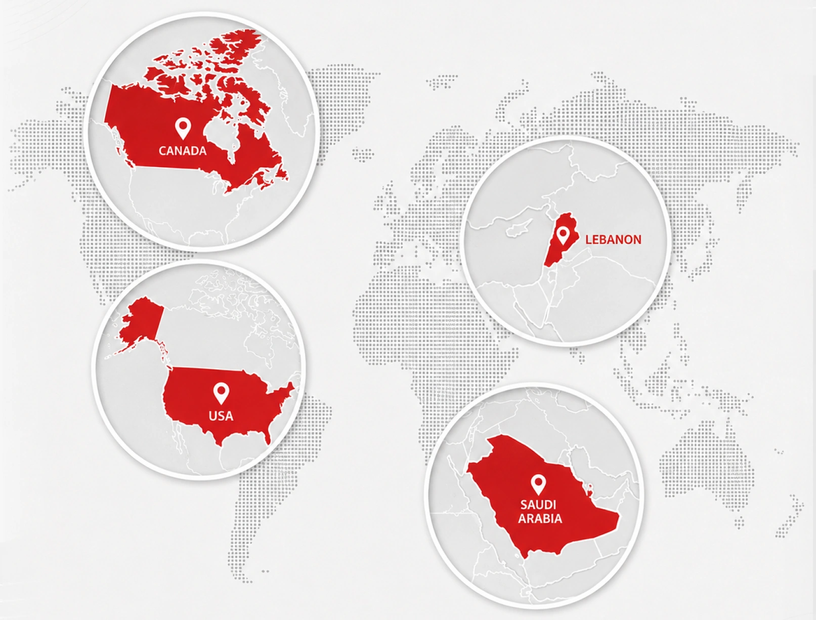 World map showing Nadine locations in Canada, the USA, Lebanon and Saudi Arabia